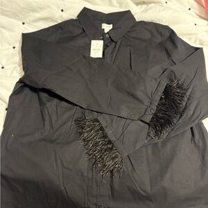 J. Crew Black Shirt Jacket with Fur Cuffs